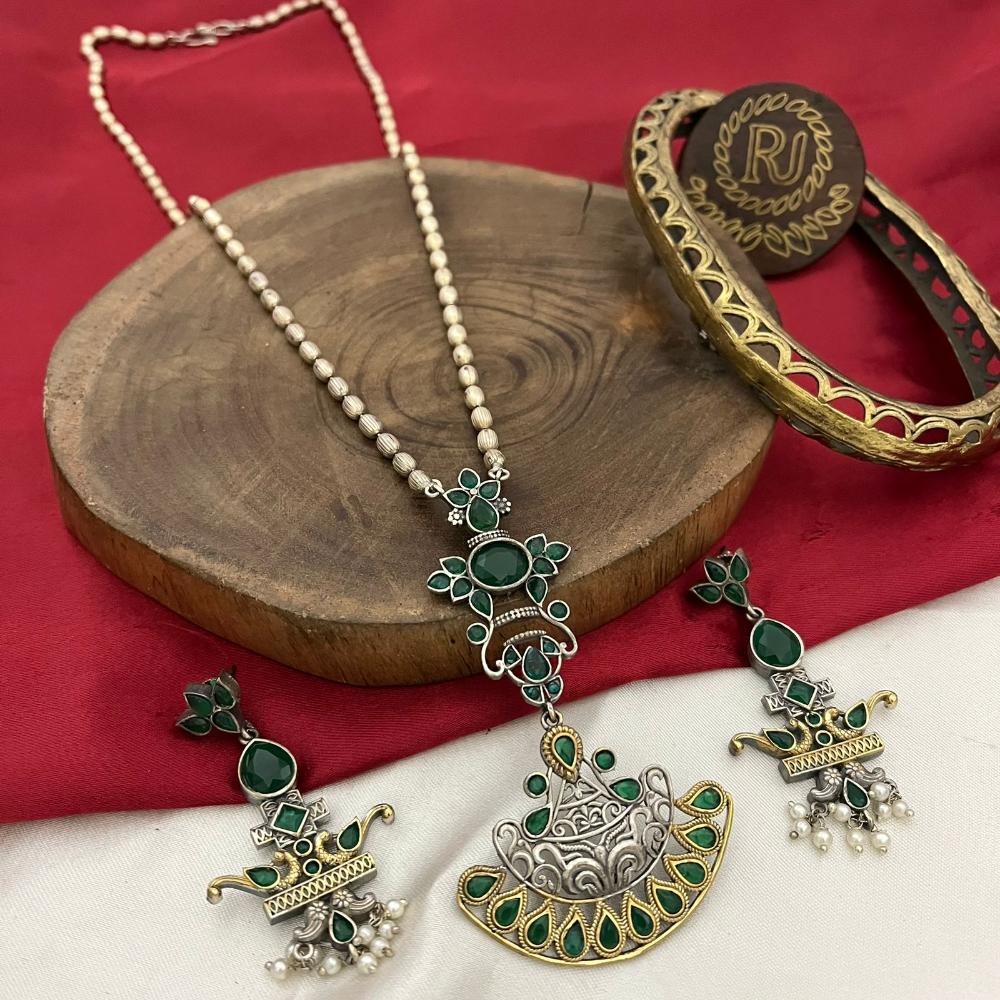 FS Collection Oxidised Plated Modern Fusion Pota And Pearl Long Necklace  Set