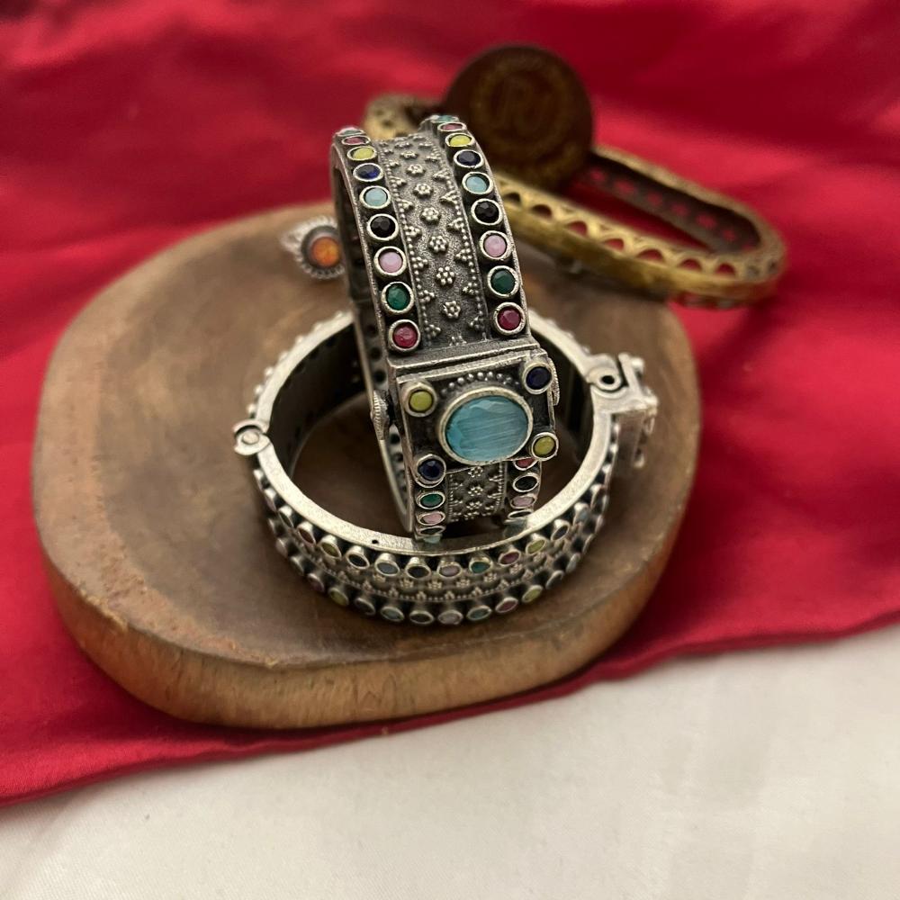 FS Collection Oxidised Plated Traditional Meets Modern Pota Stone Openable Bangle Set