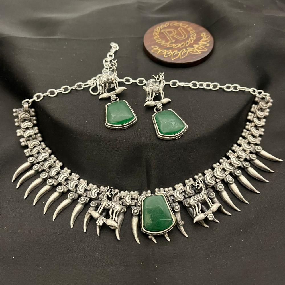 FS Collection Stylish Oxidised Finish Pota Stone Necklace Set