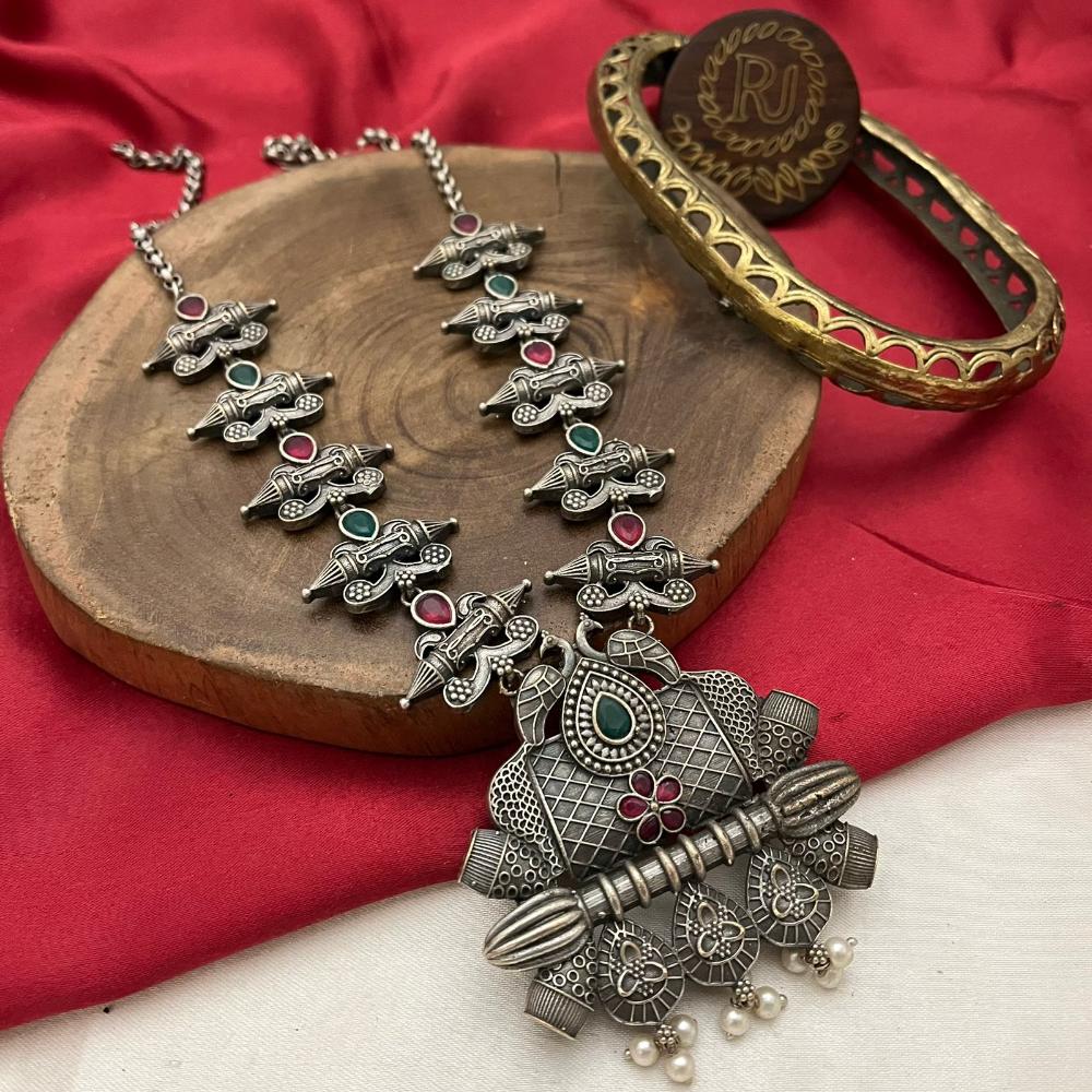 FS Collection Classic Oxidised Plated Pota And Pearl Jewellery Long Necklace Set