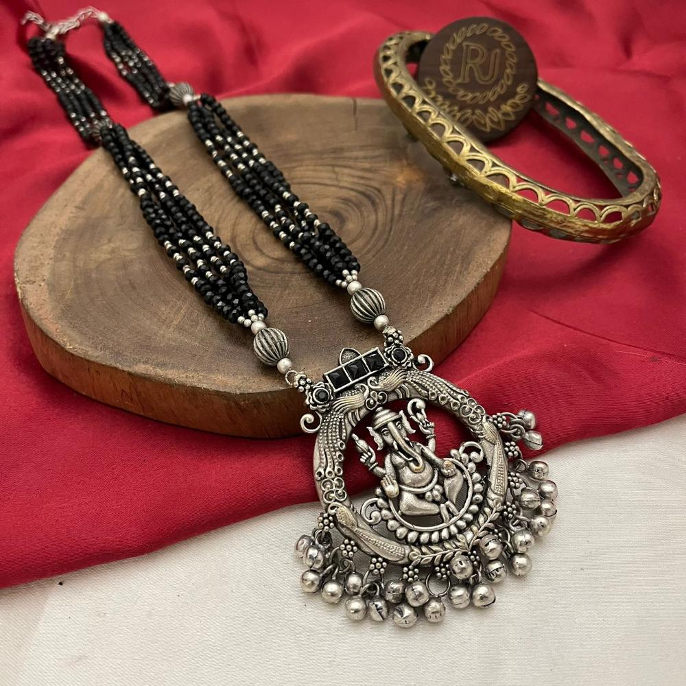 FS Collection Classic Oxidised Plated Pearl Jewellery Long Necklace Set
