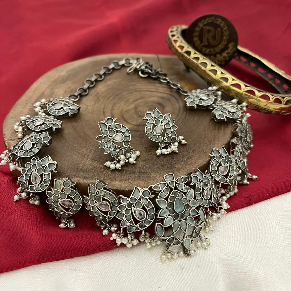 FS Collection Twilight Bloom Oxidised Plated Crystal And Pearl Necklace Set