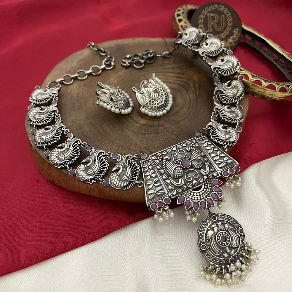 FS Collection Oxidised Plated Pota Stone And Pearl Necklace Set Ethnic Grace in Every Detail