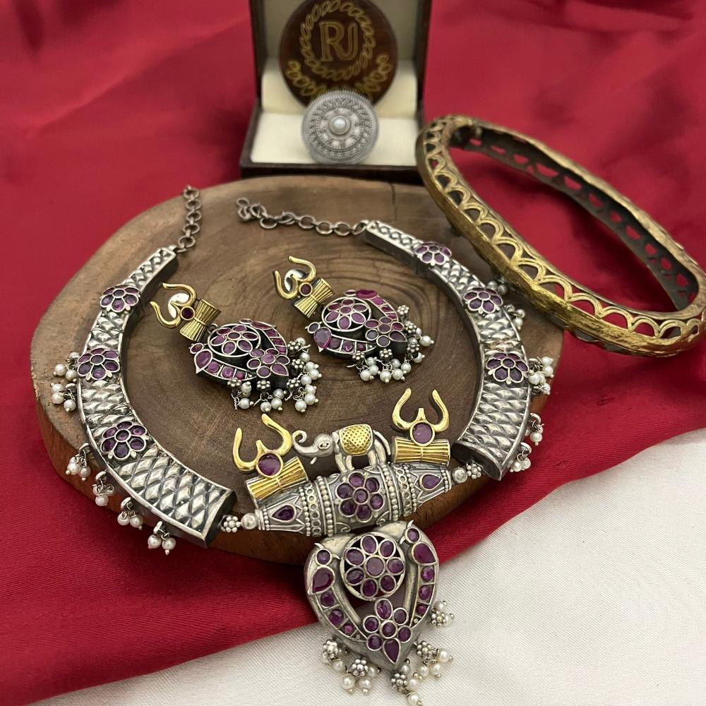 FS Collection Trishul Inspired Oxidised Necklace With Pota Stone And Pearl