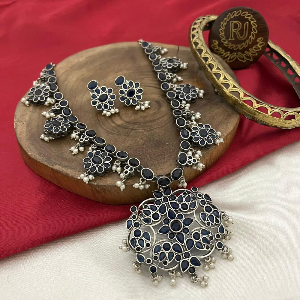 FS Collection Antique Oxidised Plated Pota Stone And Pearl Long Necklace Set