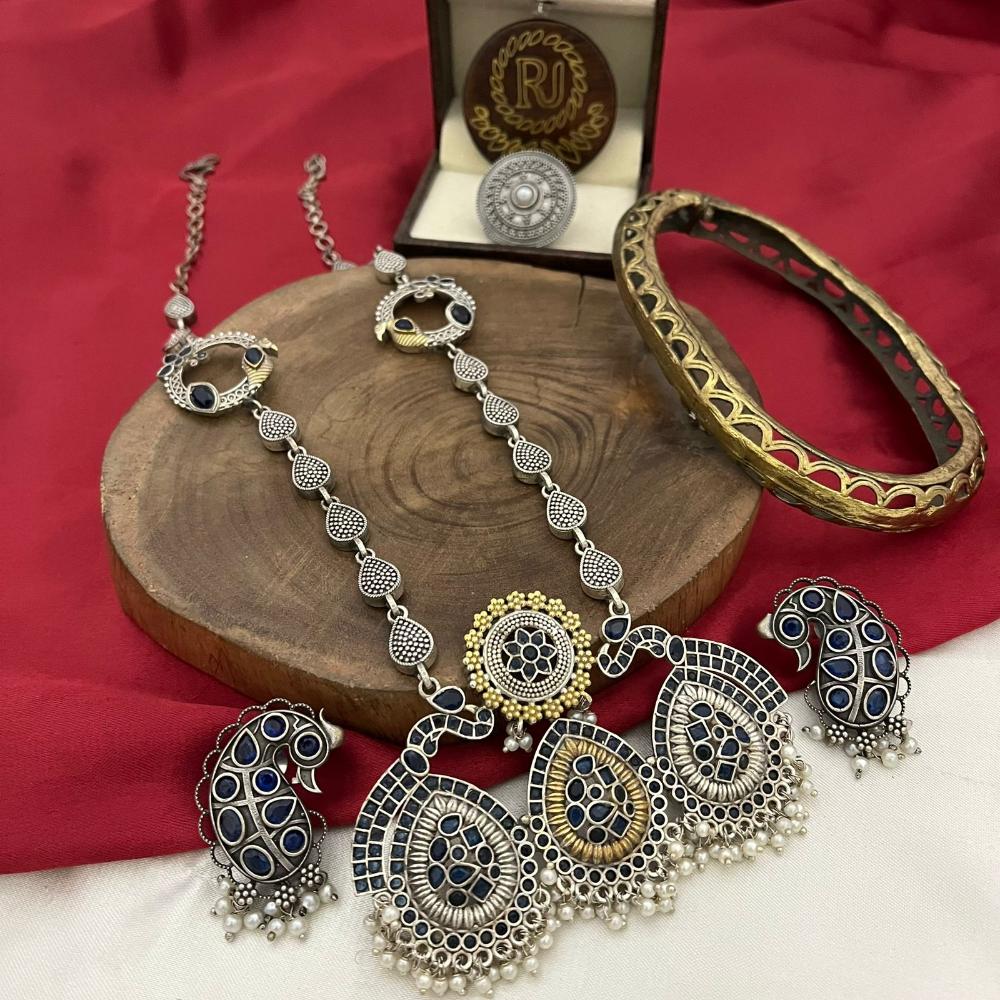 FS Collection 2 Tone Plated Ethnic Long Necklace Set Pota And Pearl Elegance Combined