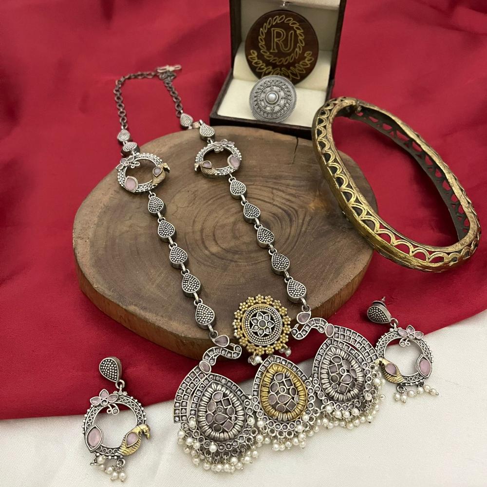 FS Collection 2 Tone Plated Ethnic Long Necklace Set Pota And Pearl Elegance Combined