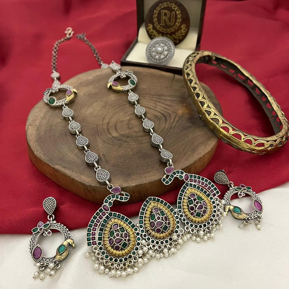 FS Collection 2 Tone Plated Ethnic Long Necklace Set Pota And Pearl Elegance Combined