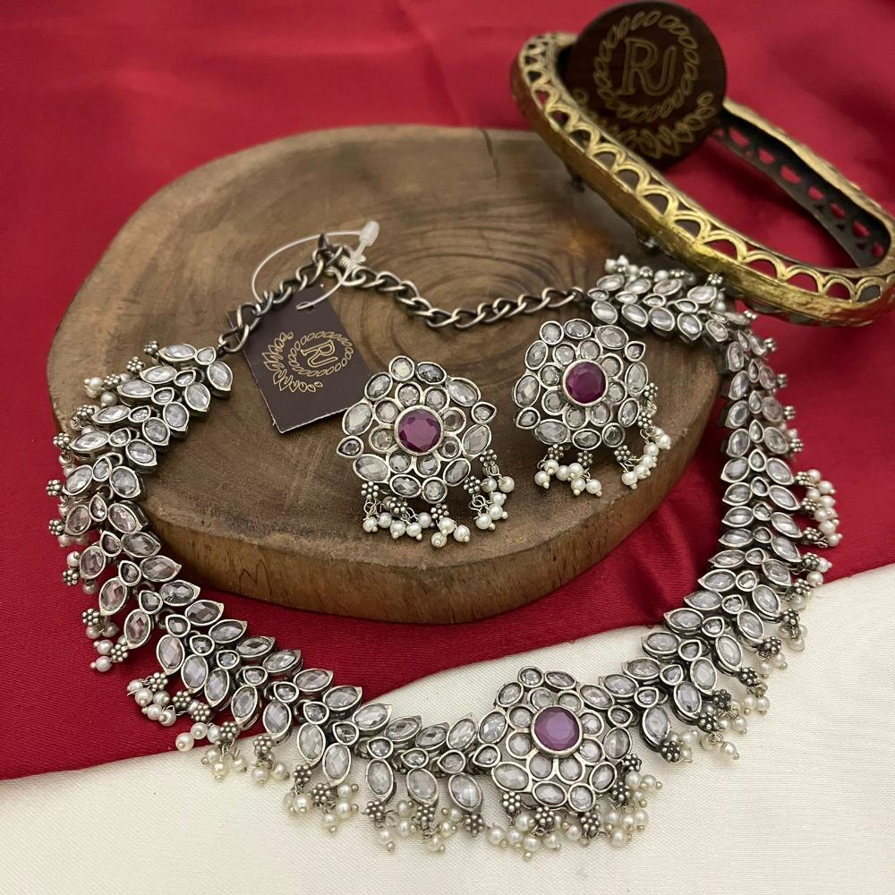 FS Collection Twilight Bloom Oxidised Plated Crystal And Pearl Necklace Set