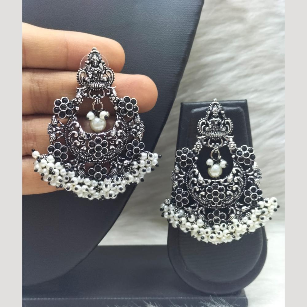 FS Collection Heritage Oxidised Plated Pota Stone And Pearl Temple Earrings