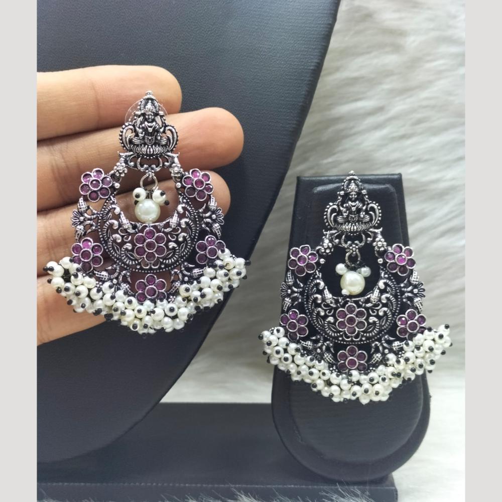 FS Collection Heritage Oxidised Plated Pota Stone And Pearl Temple Earrings