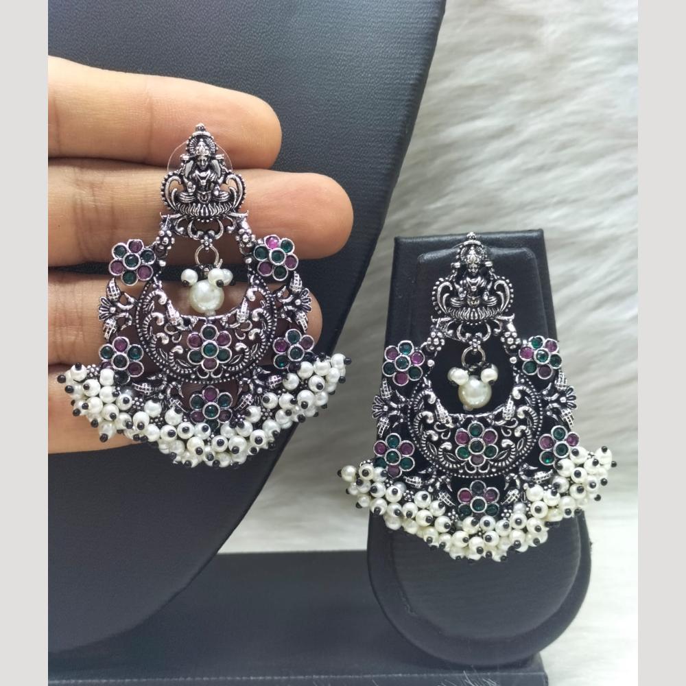 FS Collection Heritage Oxidised Plated Pota Stone And Pearl Temple Earrings