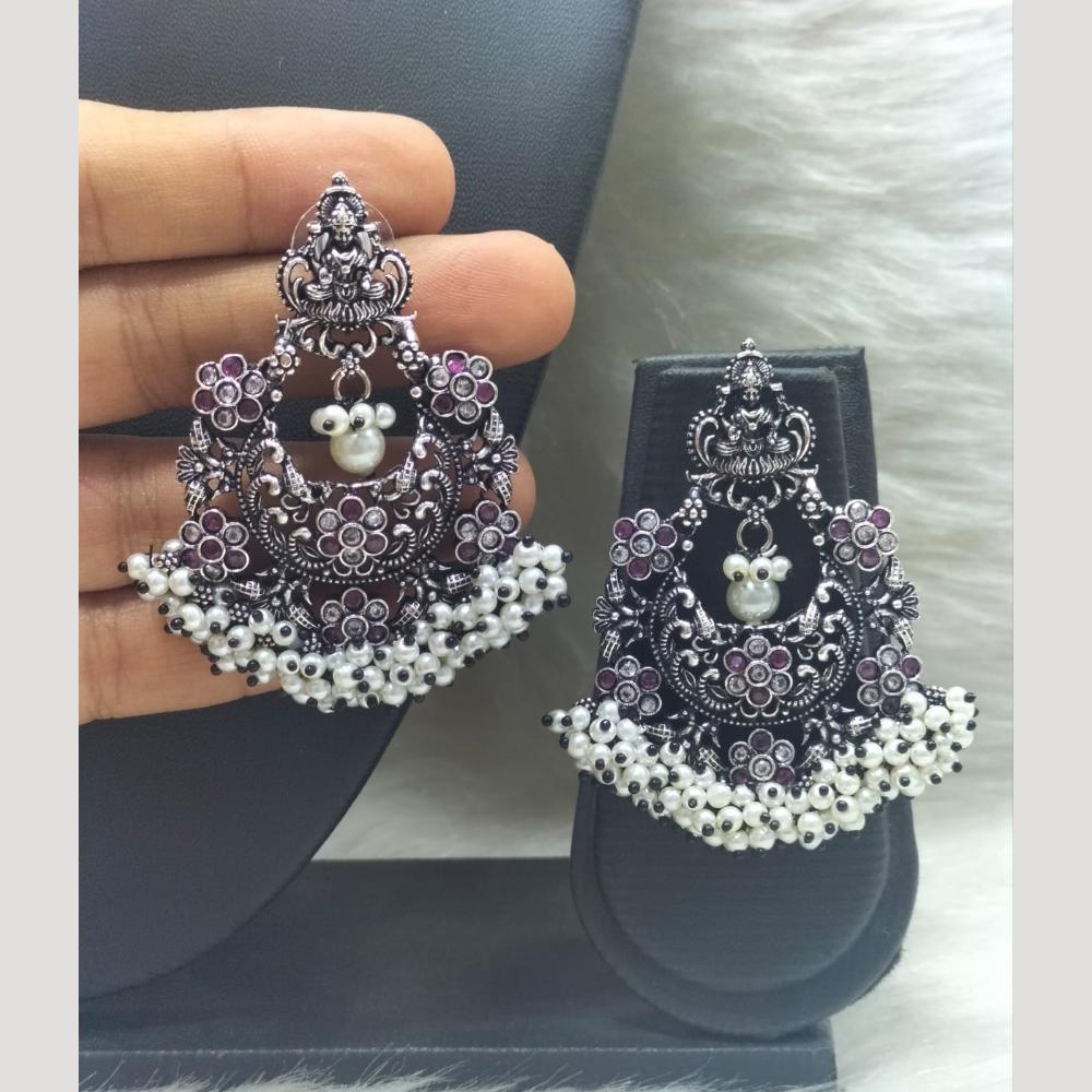 FS Collection Heritage Oxidised Plated Pota Stone And Pearl Temple Earrings