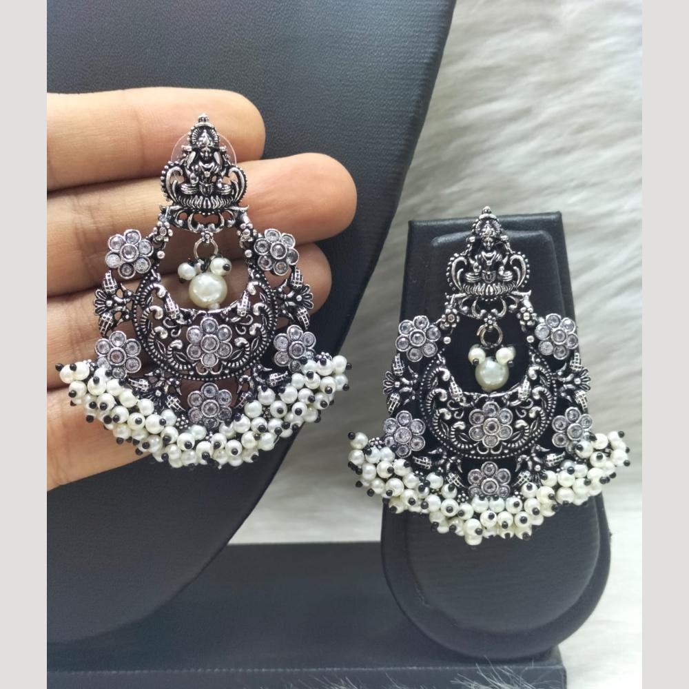 FS Collection Heritage Oxidised Plated Pota Stone And Pearl Temple Earrings