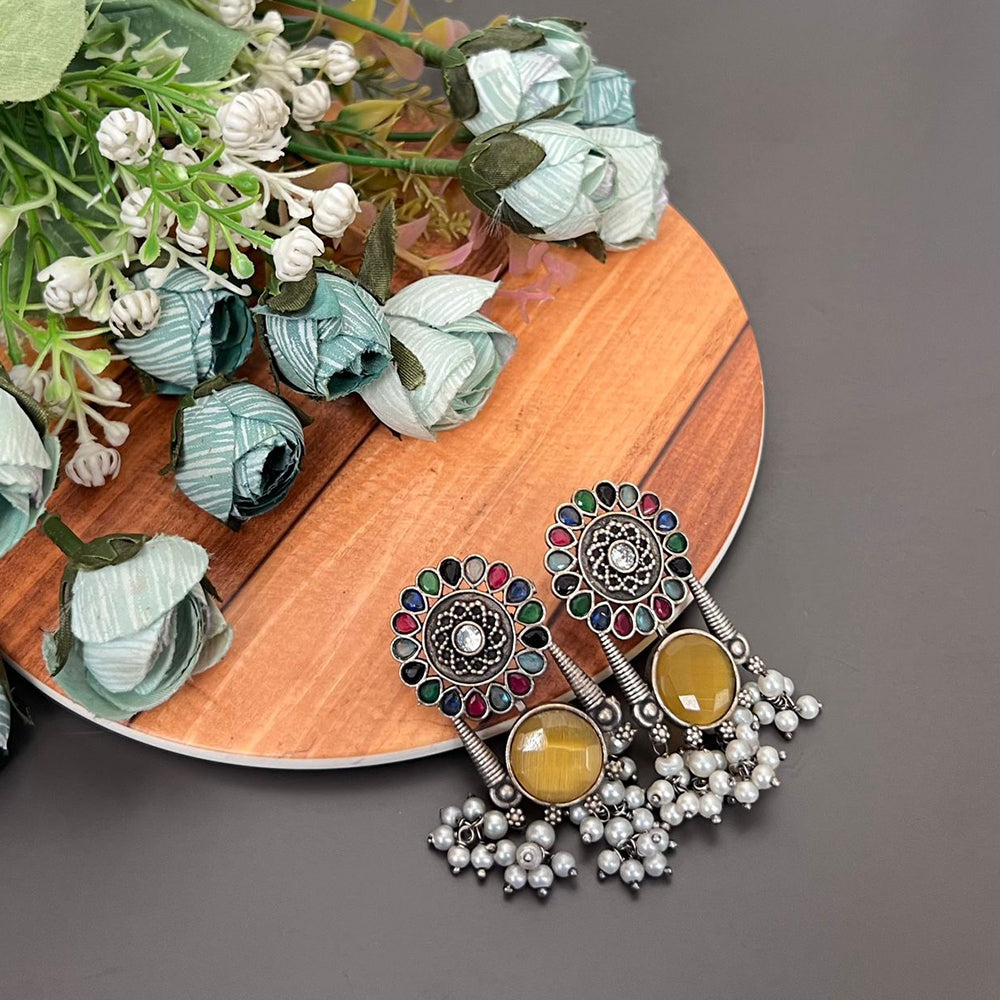 FS Collection Oxidised Monalisa Stone Dangle Earrings for Traditional & Modern Looks