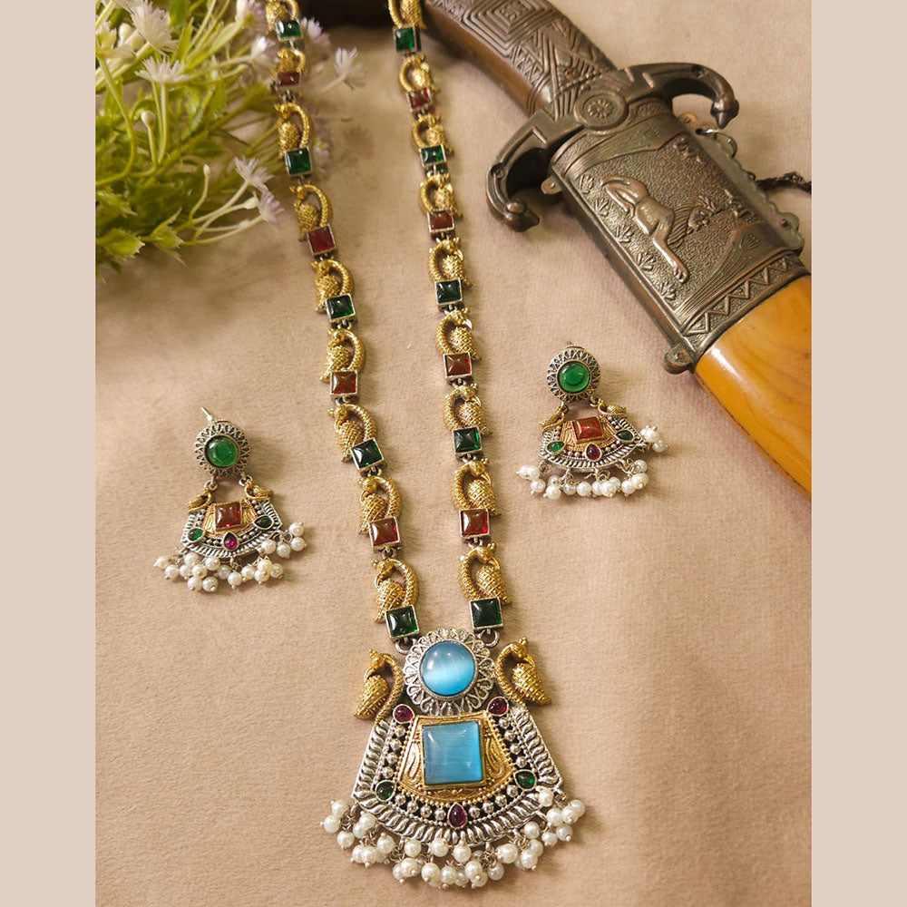 FS Collection Royal Monalisa Stone And Pearl Long Necklace Set For Weddings And Parties