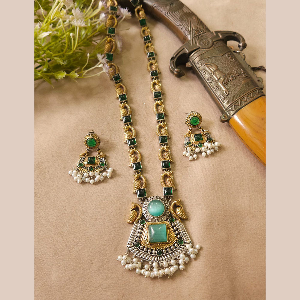 FS Collection Royal Monalisa Stone And Pearl Long Necklace Set For Weddings And Parties