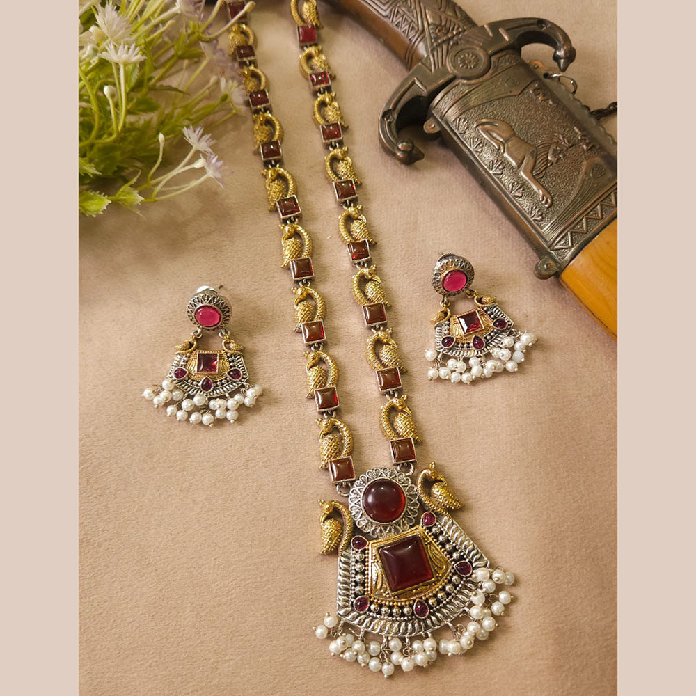 FS Collection Royal Monalisa Stone And Pearl Long Necklace Set For Weddings And Parties
