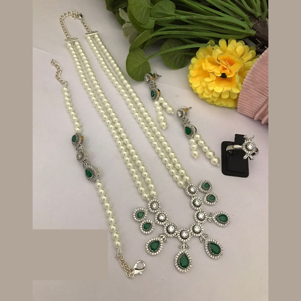 FS Collection Dazzle Bloom Crystal Long Necklace Set with Designer Pearl Embellishments