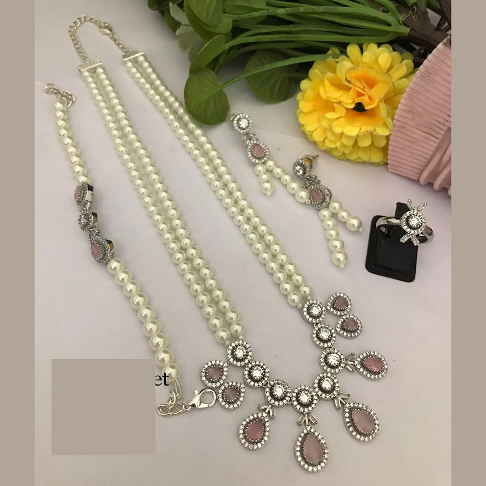 FS Collection Dazzle Bloom Crystal Long Necklace Set with Designer Pearl Embellishments