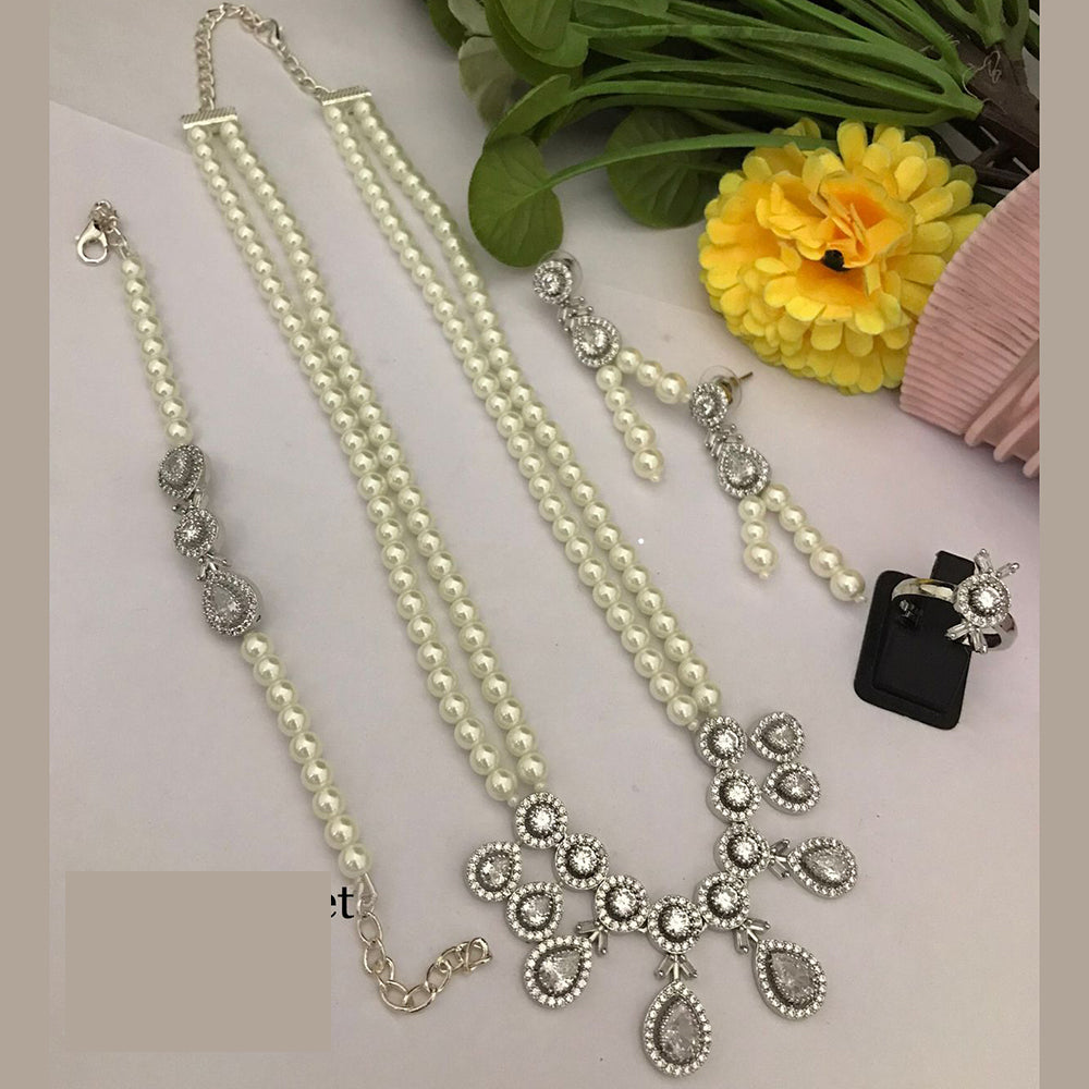 FS Collection Dazzle Bloom Crystal Long Necklace Set with Designer Pearl Embellishments
