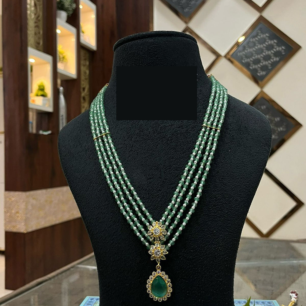 FS Collection Aurora Shine Multi Layered Crystal and Pearl Long Necklace Set for Traditional & Party Wear