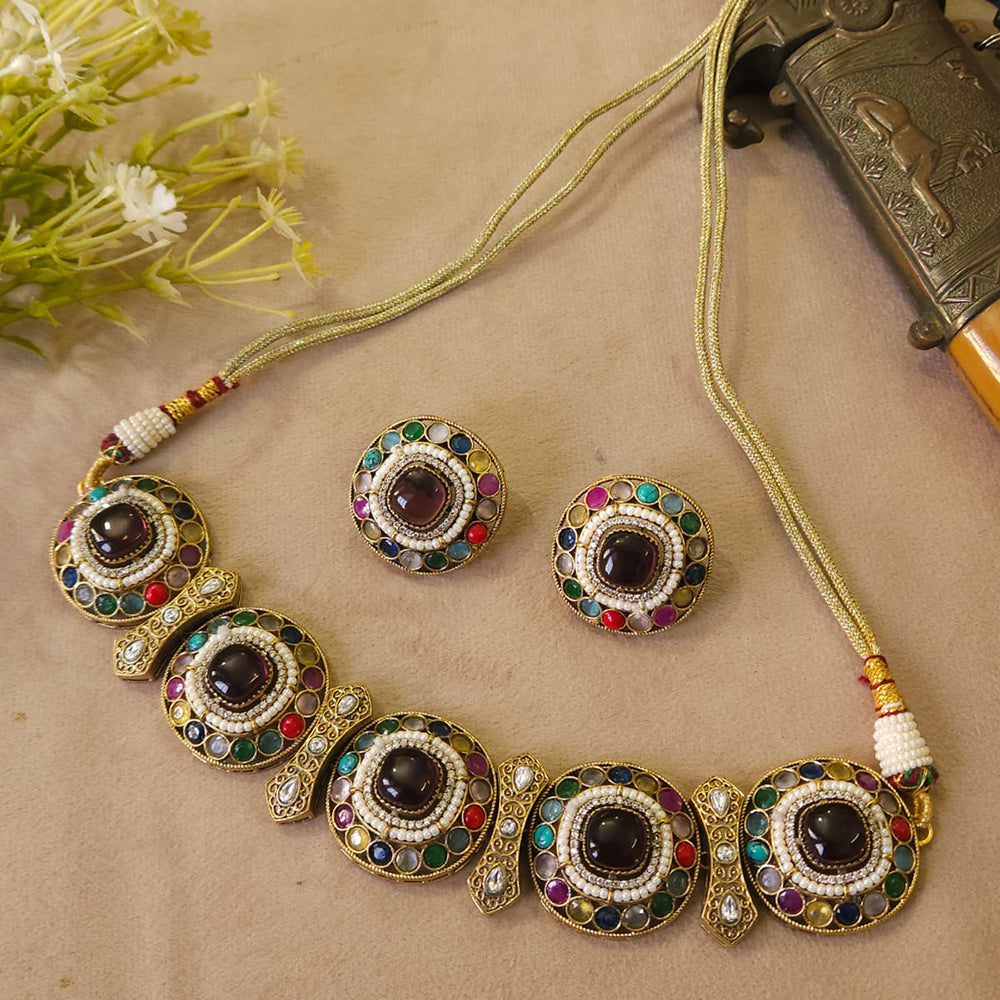 FS Collection Trendy Pota Stone And Pearl Choker Necklace Set