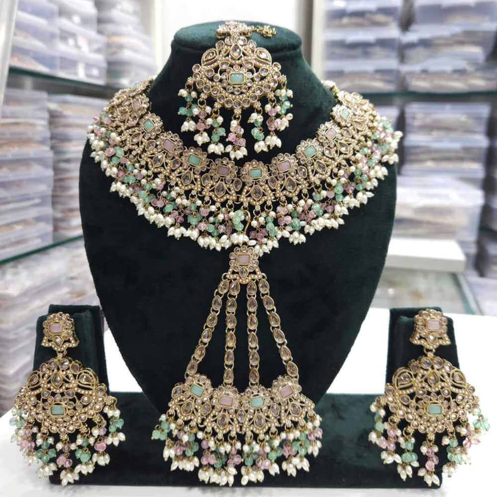 FS Collection Royal Crystal Stone And Pearl Statement Necklace Set