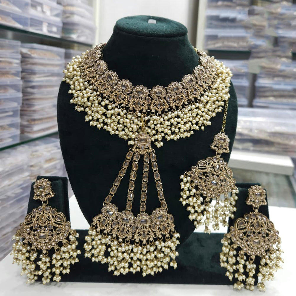 FS Collection Royal Crystal Stone And Pearl Statement Necklace Set