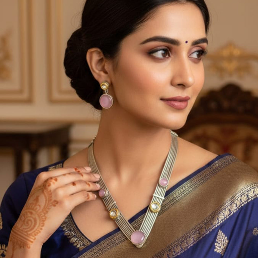 FS Collection Elegant 2-Tone Plated Pota Stone Necklace Set