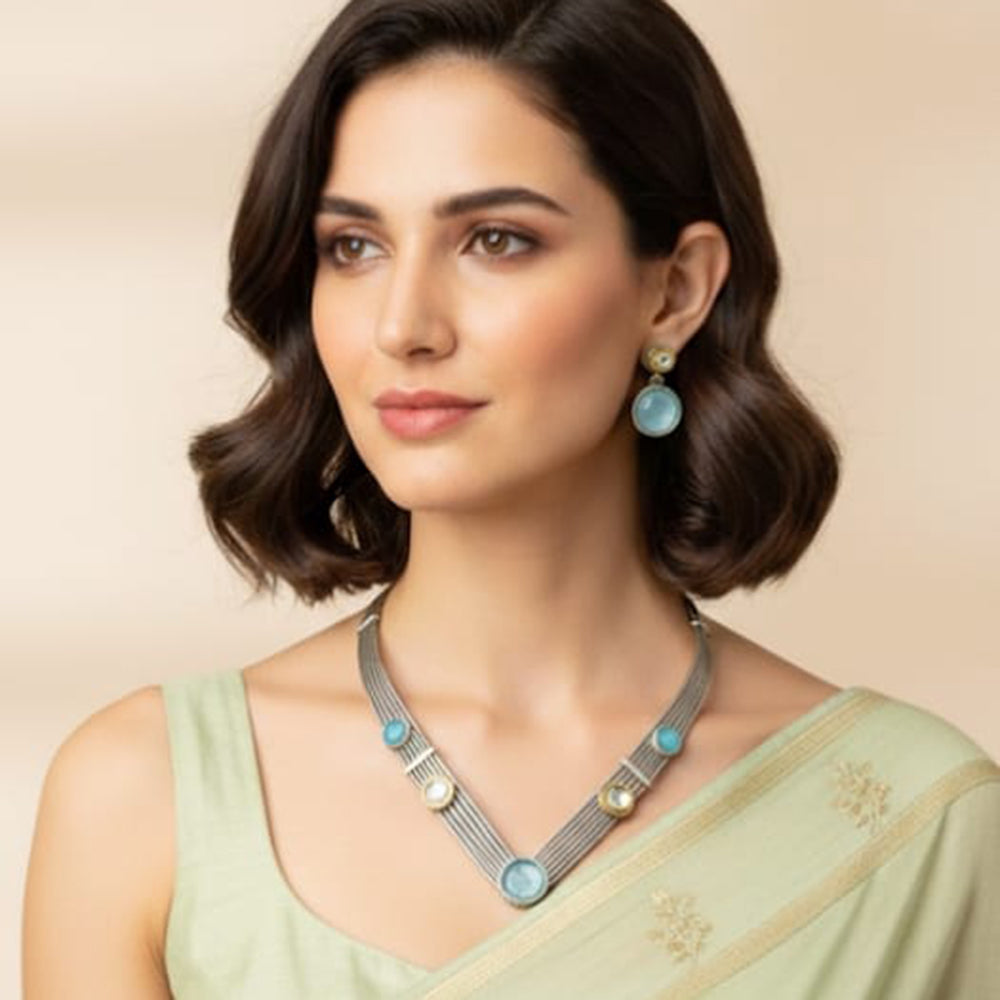 FS Collection Elegant 2-Tone Plated Pota Stone Necklace Set