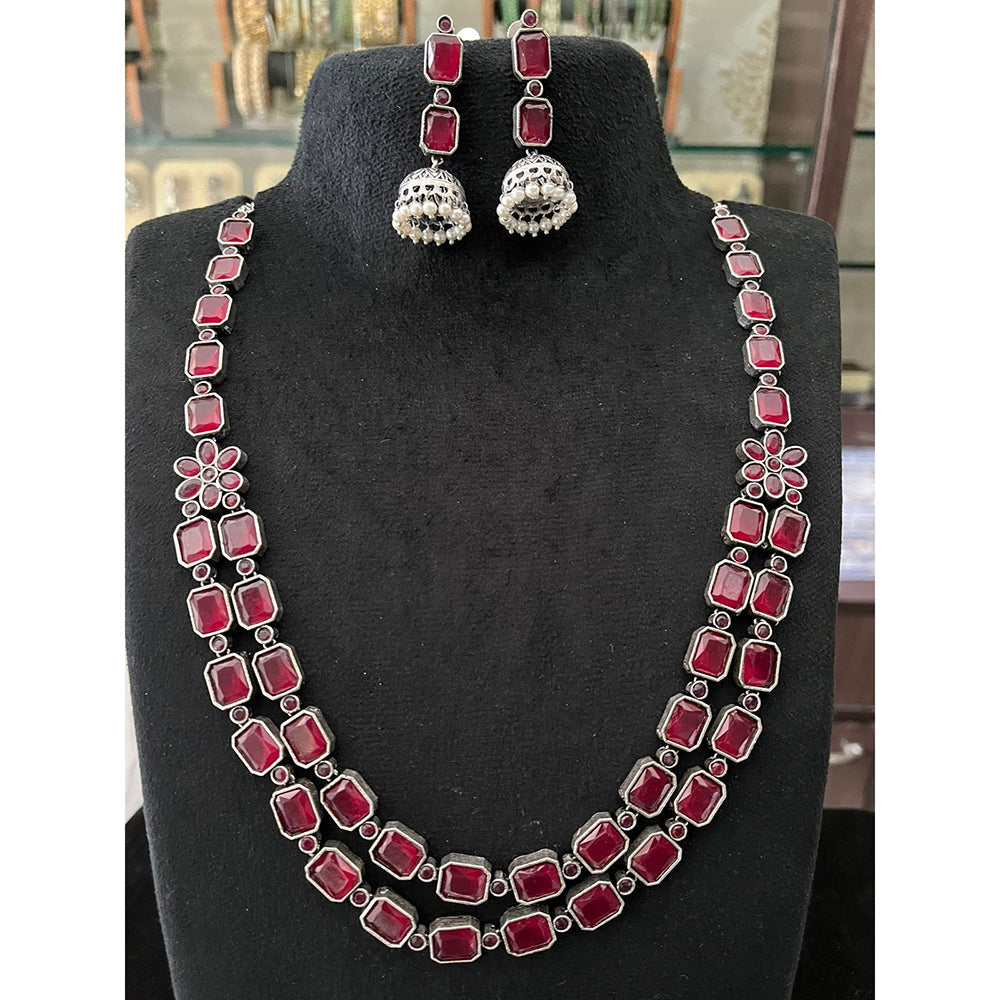FS Collection Oxidised Royal Pota Stone And Pearl Statement Necklace Set