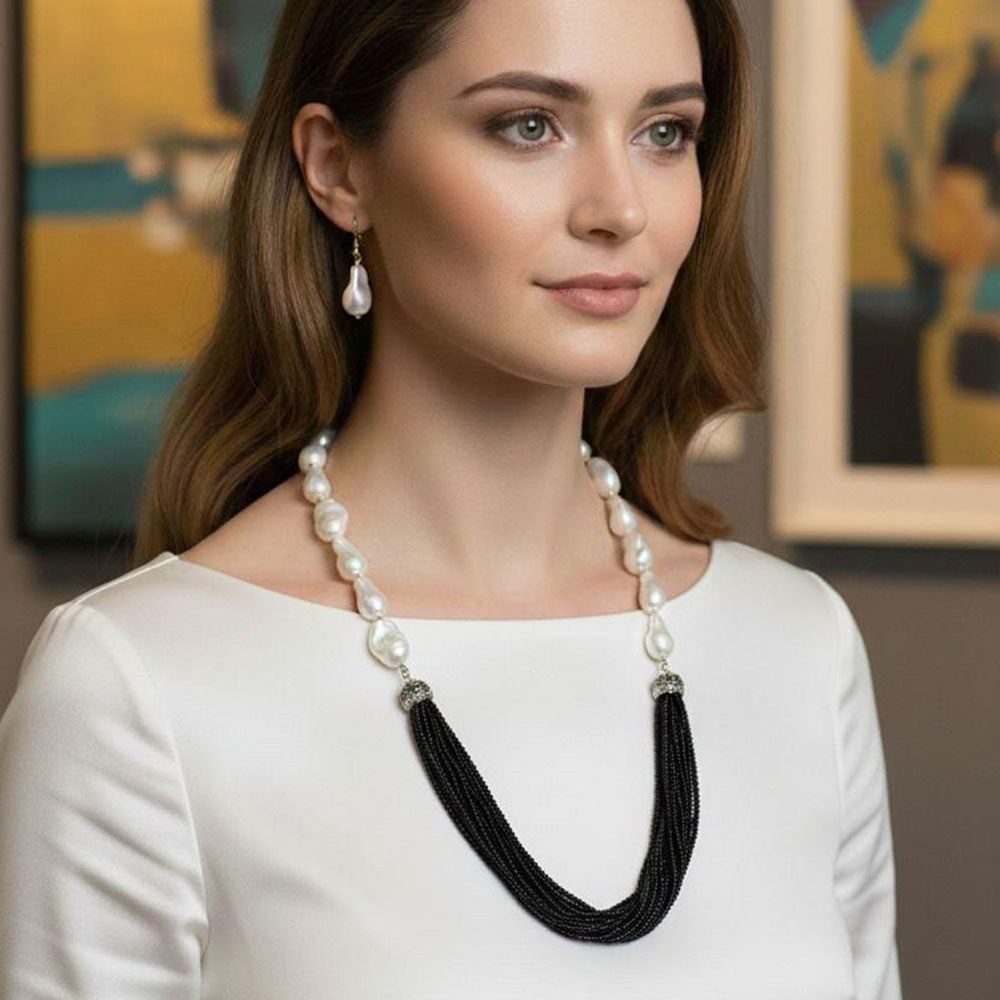 FS Collection Classic Austrian Stone And Pearl Ethnic Long Necklace Set