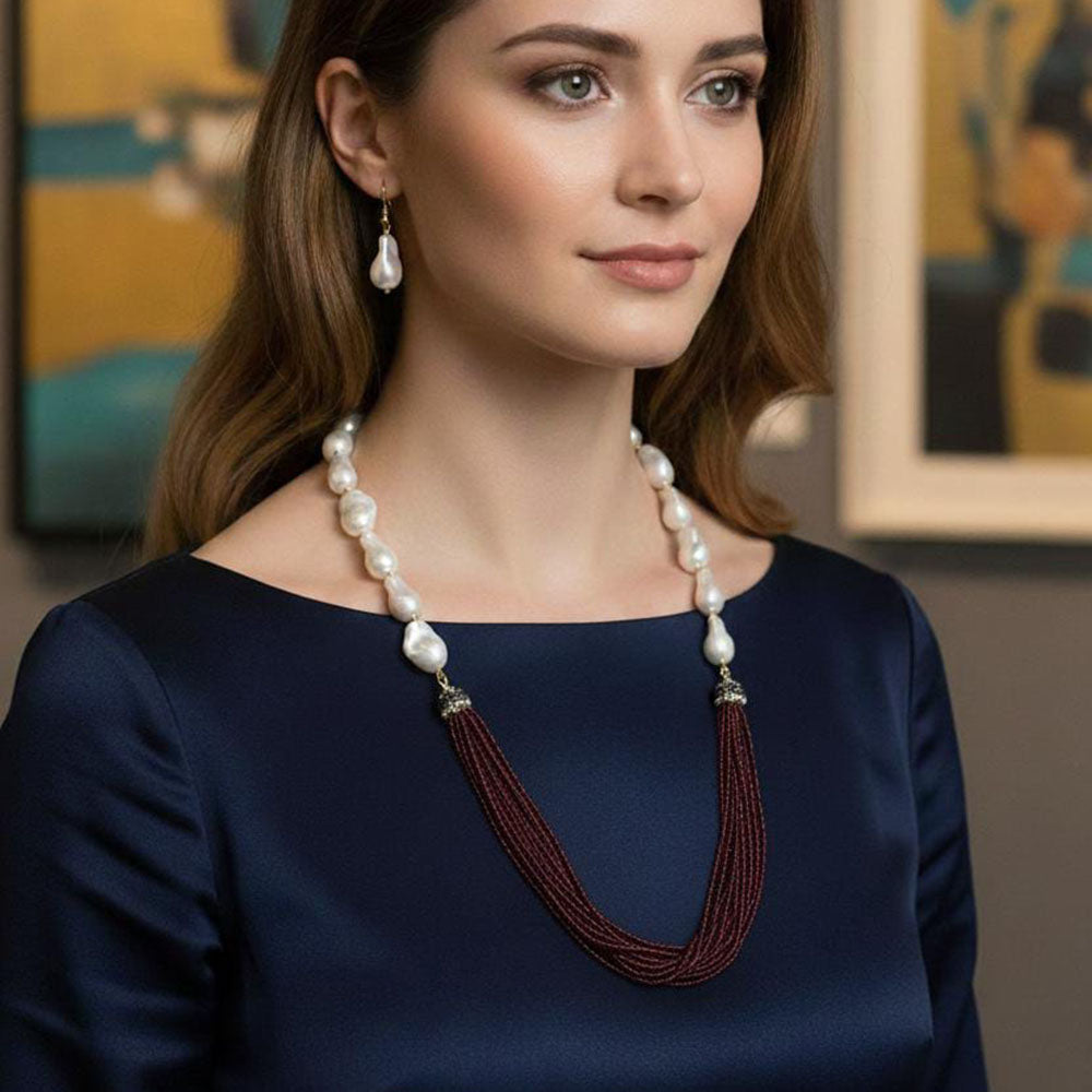 FS Collection Classic Austrian Stone And Pearl Ethnic Long Necklace Set