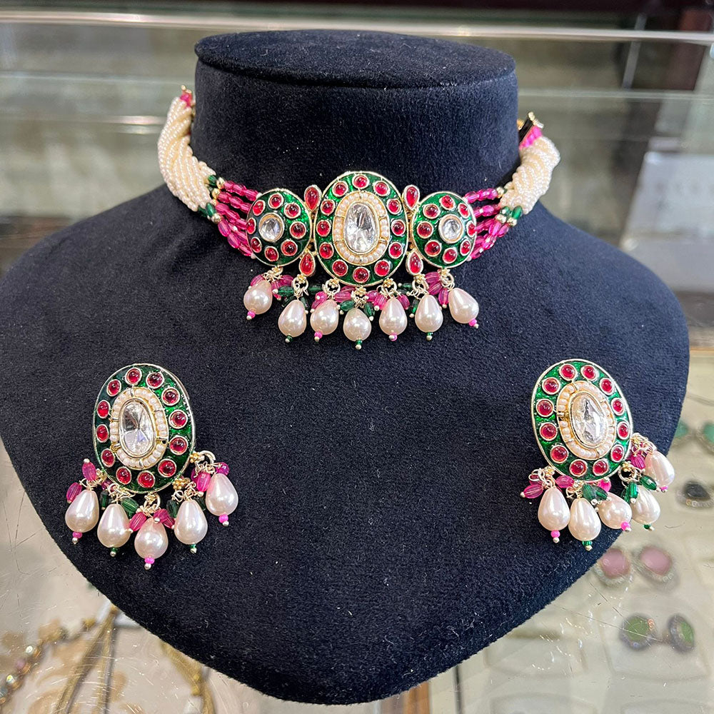 FS Collection Pota Stone Pearl And Beads Designer Choker Necklace Set