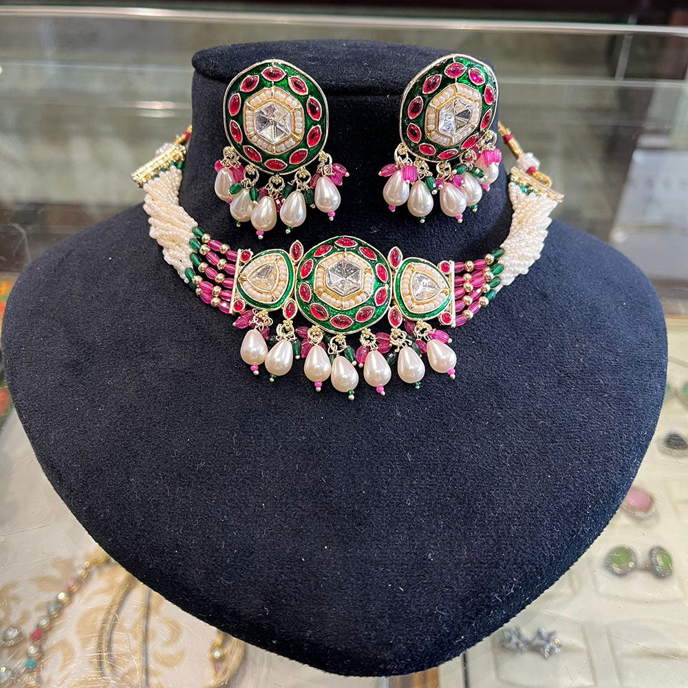 FS Collection Pota Stone Pearl And Beads Designer Choker Necklace Set
