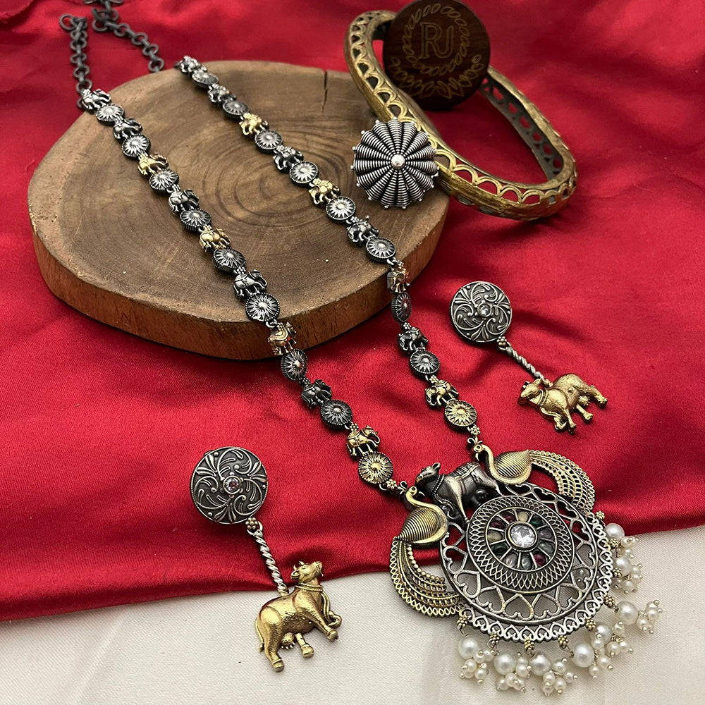 FS Collection 2 Tone Plated Pota Stone And Pearl Long Necklace Set