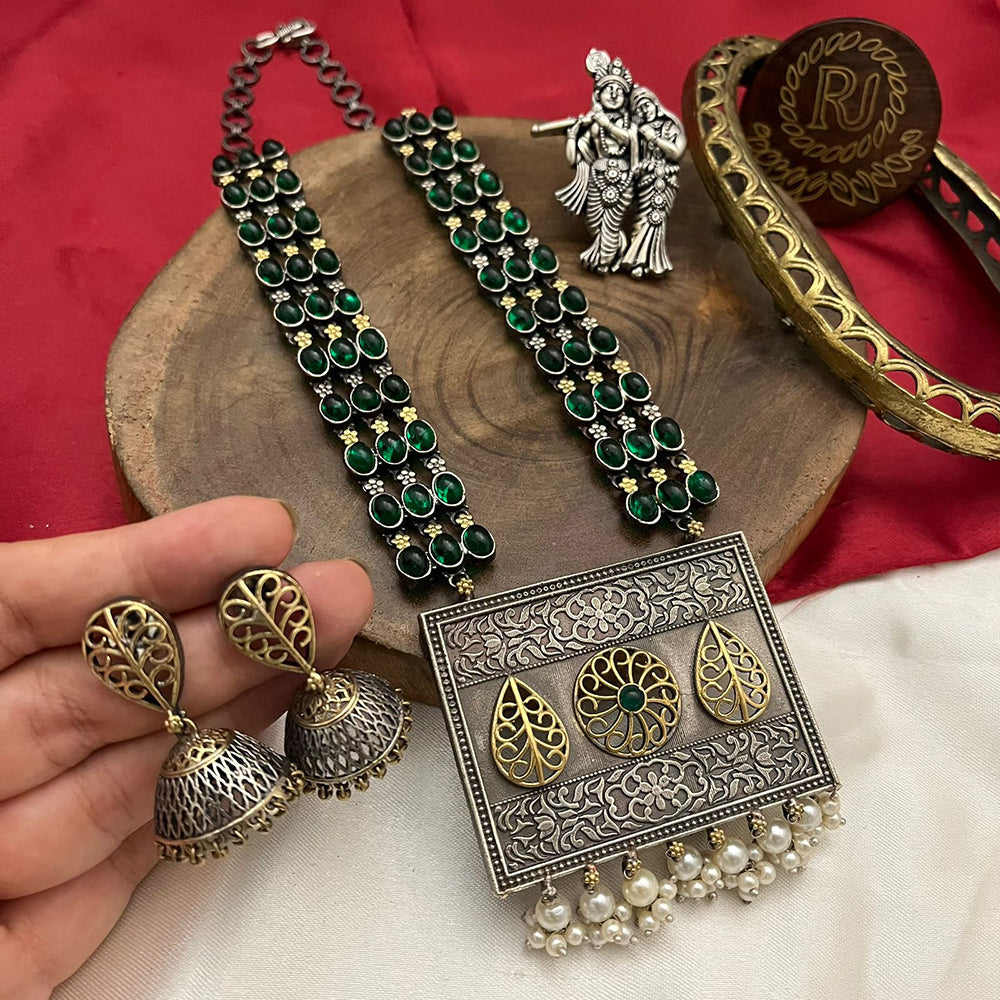FS Collection 2 Tone Plated Pota Stone And Pearl Long Necklace Set