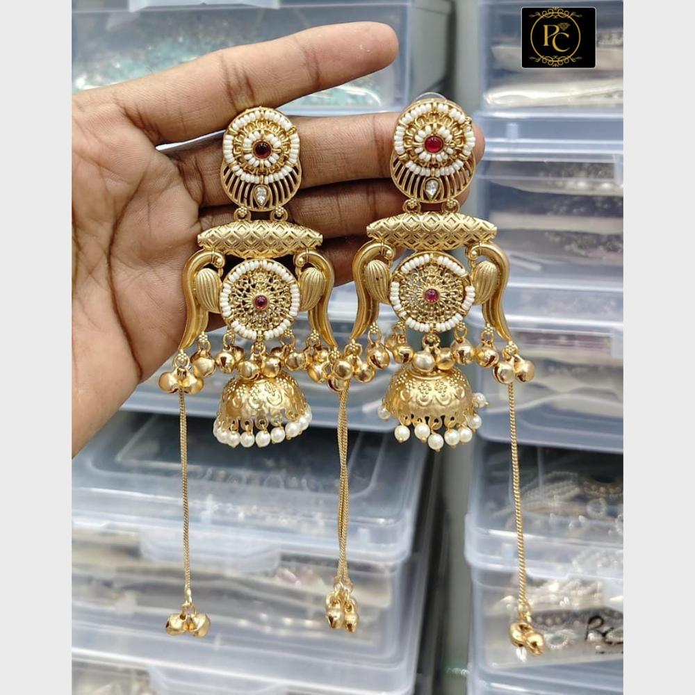 FS Collection Antique Style Pota Stone And Pearl Ghungroo Kashmiri Jhumki Earrings