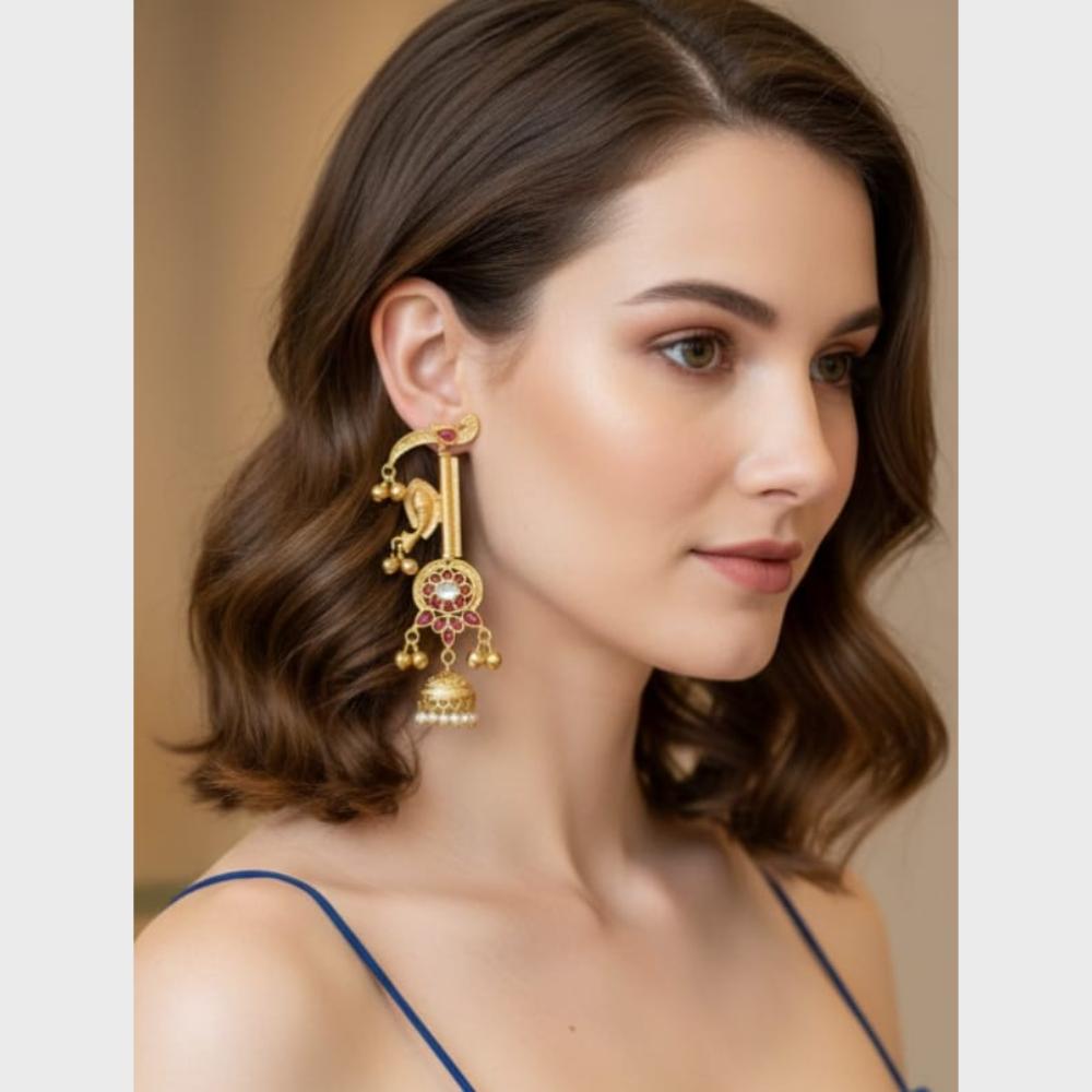 FS Collection Antique Style Pota Stone And Pearl Ghungroo Kashmiri Jhumki Earrings