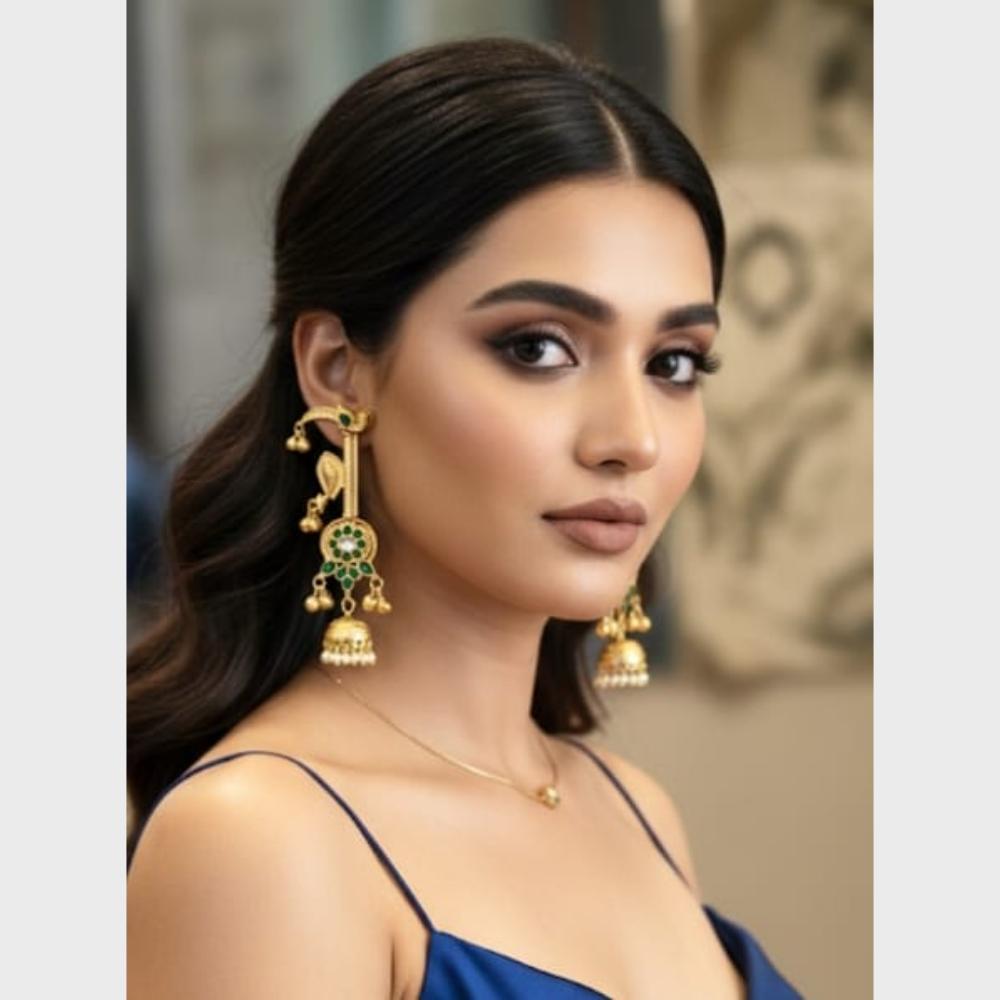 FS Collection Antique Style Pota Stone And Pearl Ghungroo Kashmiri Jhumki Earrings