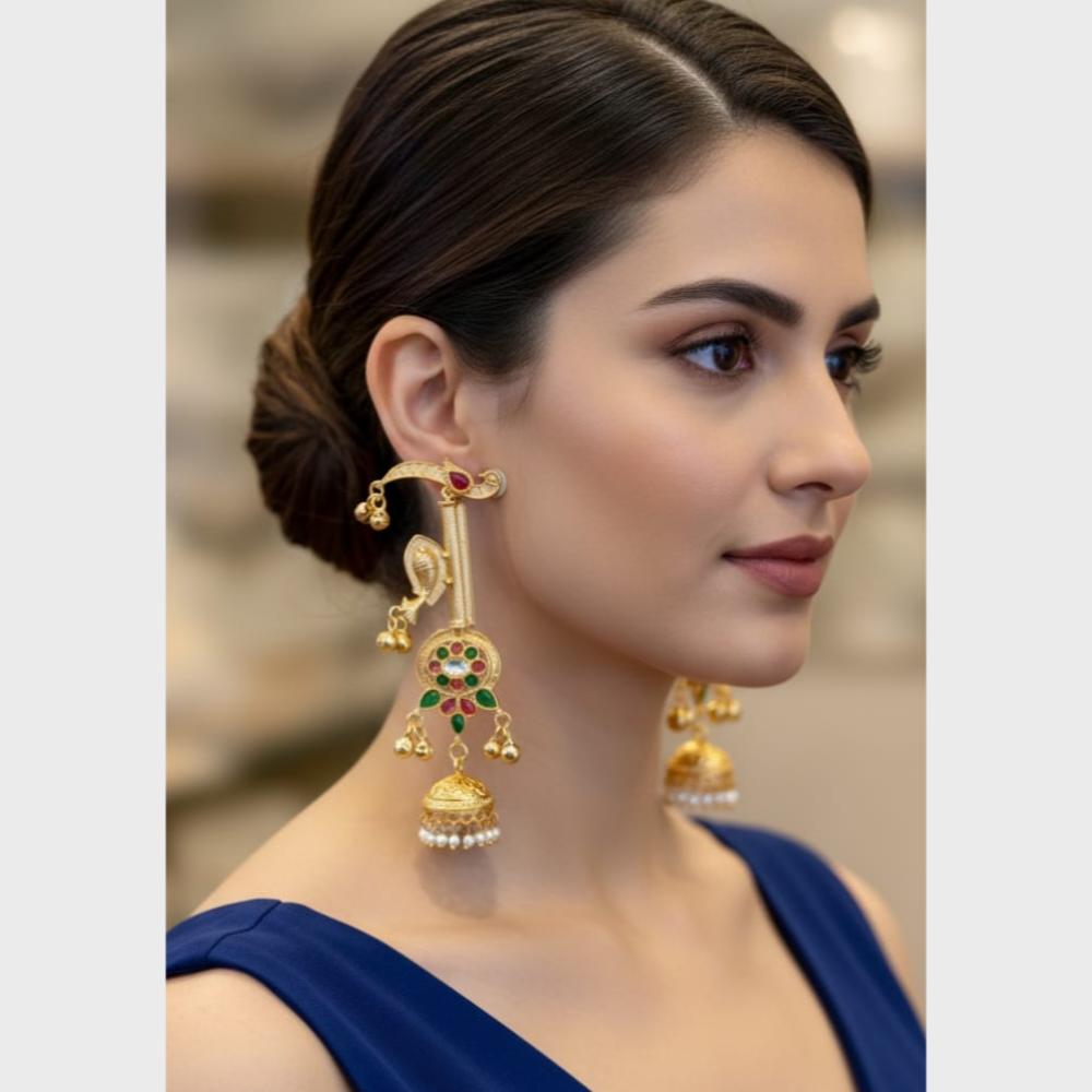 FS Collection Antique Style Pota Stone And Pearl Ghungroo Kashmiri Jhumki Earrings