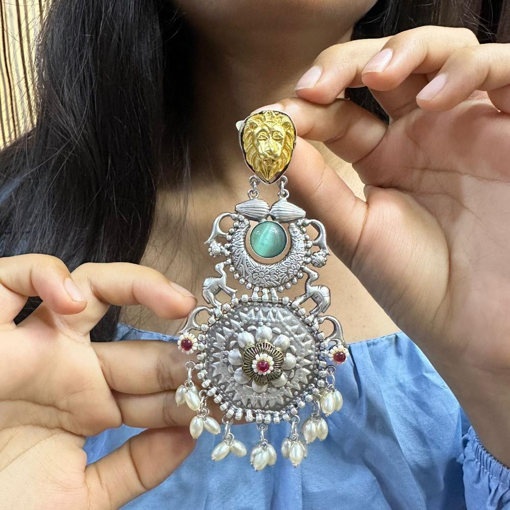 FS Collection 2 Tone Plated Pota Stone And Pearl Dangler Earrings
