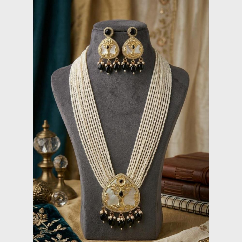 FS Collection Sparkling Pota Stone And Multi Layer Pearl Long Necklace Set