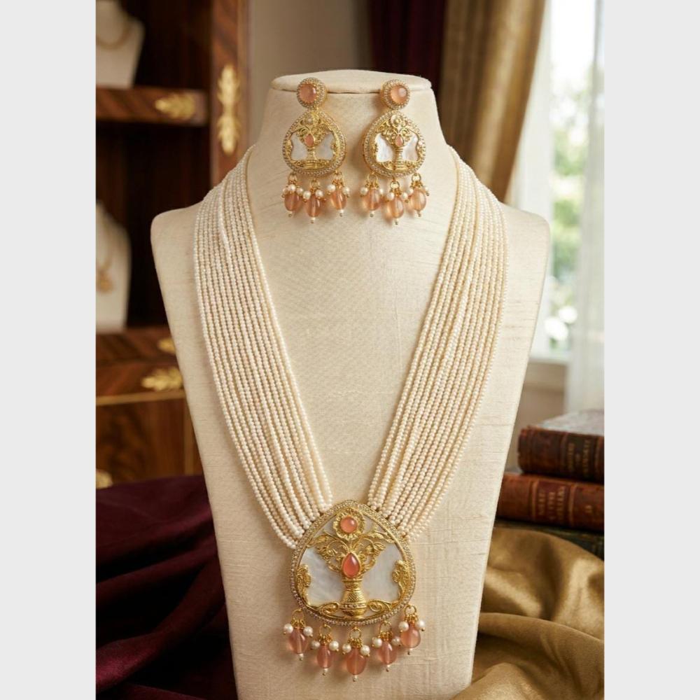 FS Collection Sparkling Pota Stone And Multi Layer Pearl Long Necklace Set