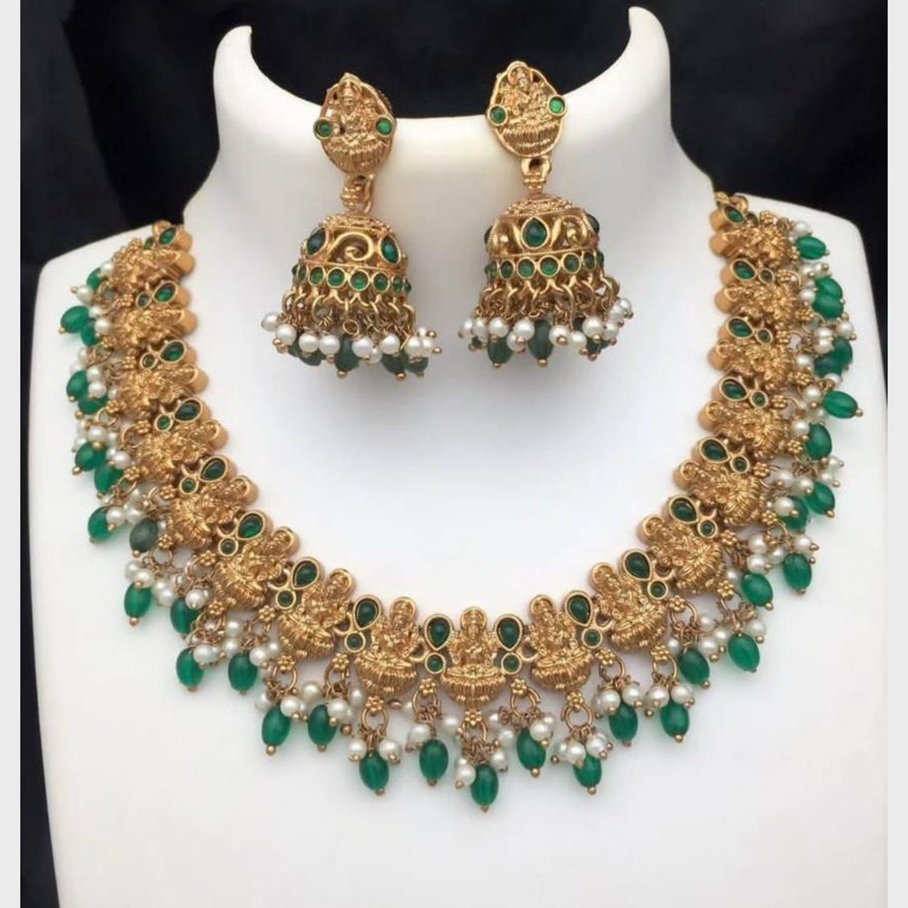 FS Collection Sparkling Pota Stone And Pearl Elegance Temple Necklace Set