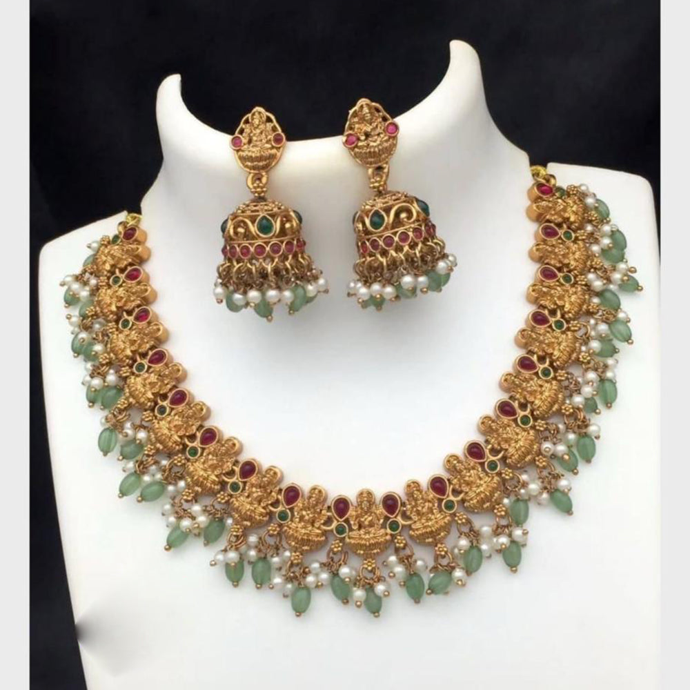 FS Collection Sparkling Pota Stone And Pearl Elegance Temple Necklace Set