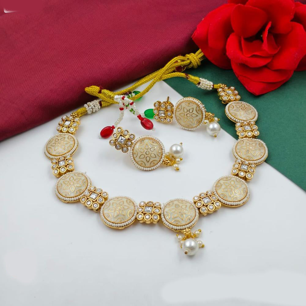 FS Collection Sparkling Pota Stone And Pearl Elegance Meenakari Necklace Set