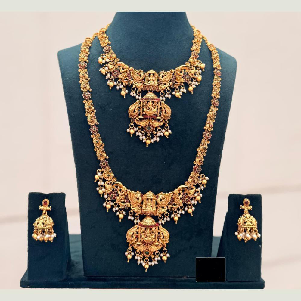 FS Collection Sparkling Pota Stone And Pearl Elegance Temple Double Necklace Set