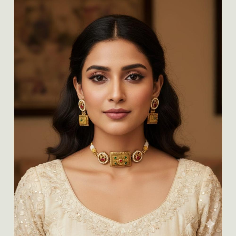 FS Collection Sparkling Pota Stone And Pearl Necklace Set